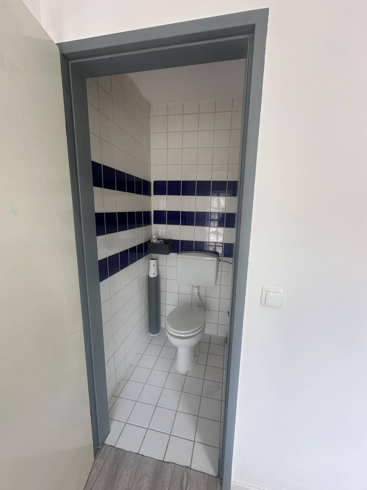 Kleines WC mit weiß-blauen Fliesen an den Wänden und einem einfachen Stand-WC.