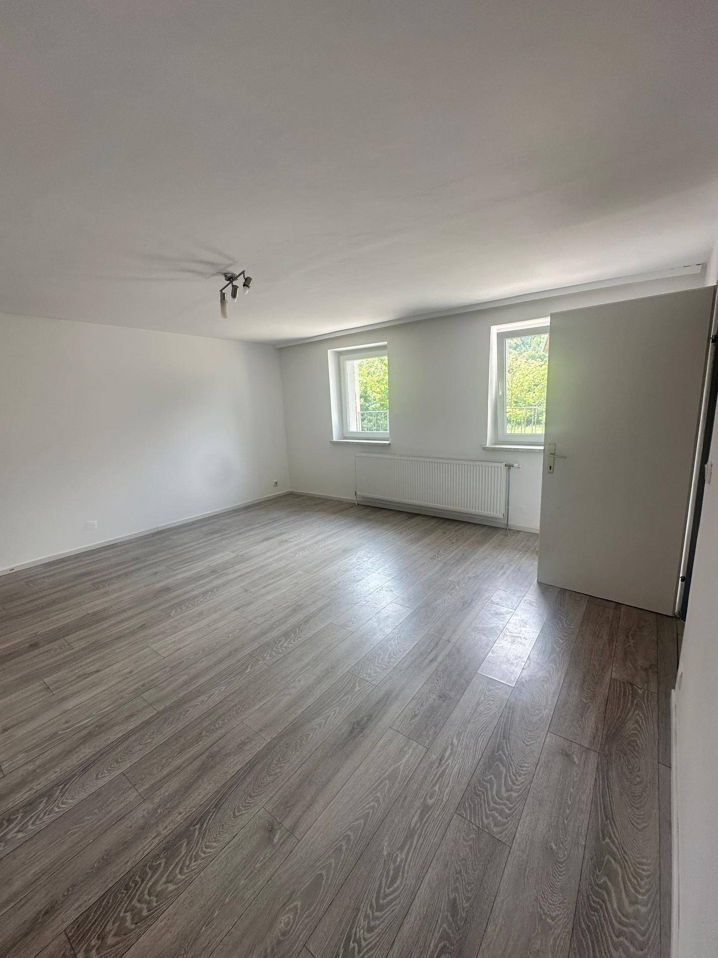 Geräumiger, leerer Raum mit modernem Laminatboden, zwei Fenstern und Heizkörpern.