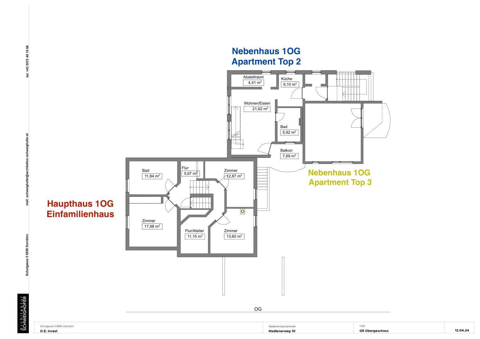 Grundriss des Obergeschosses mit Haupt- und Nebenhaus, inklusive Wohn-Essbereich und Balkon.
