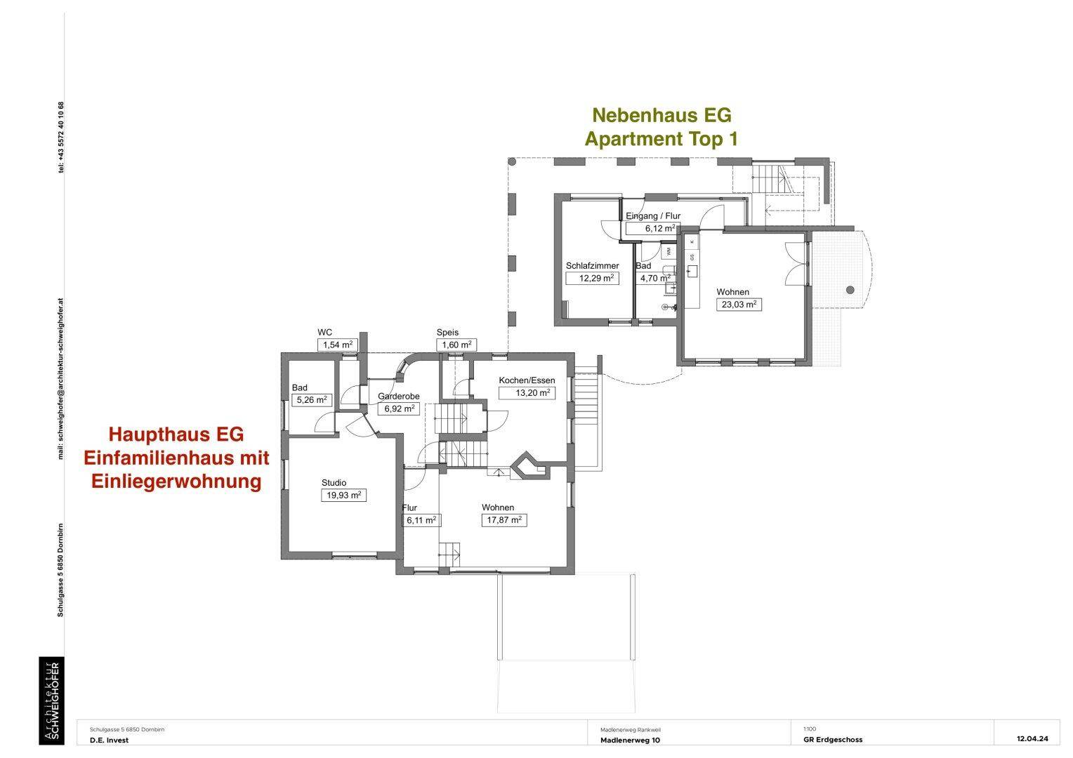 Grundriss des Erdgeschosses mit Haupt- und Nebenhaus, inklusive Zimmeraufteilung und Flächenangaben.