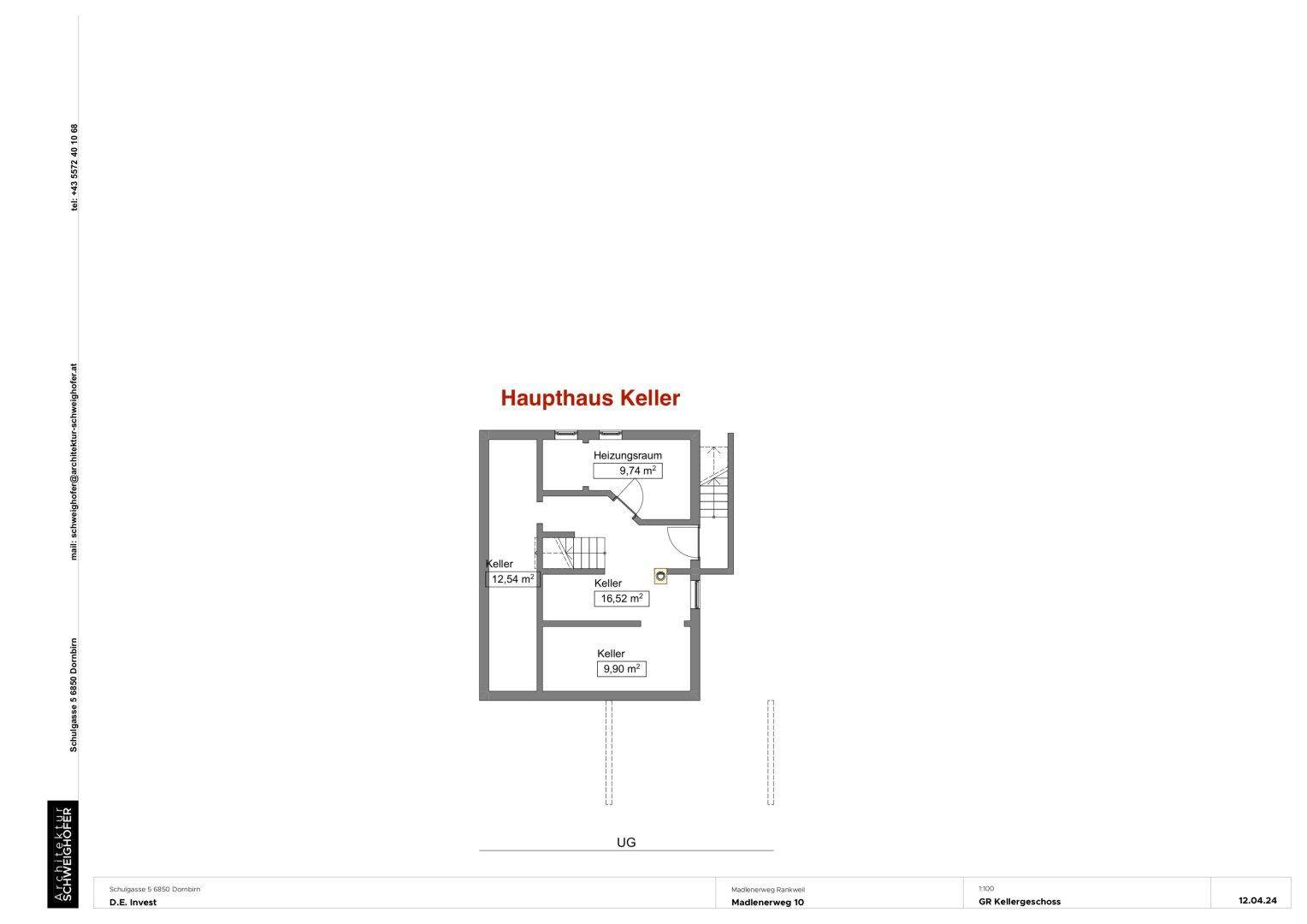 Grundriss des Kellers mit Heizungsraum und mehreren Abstellräumen im Untergeschoss.