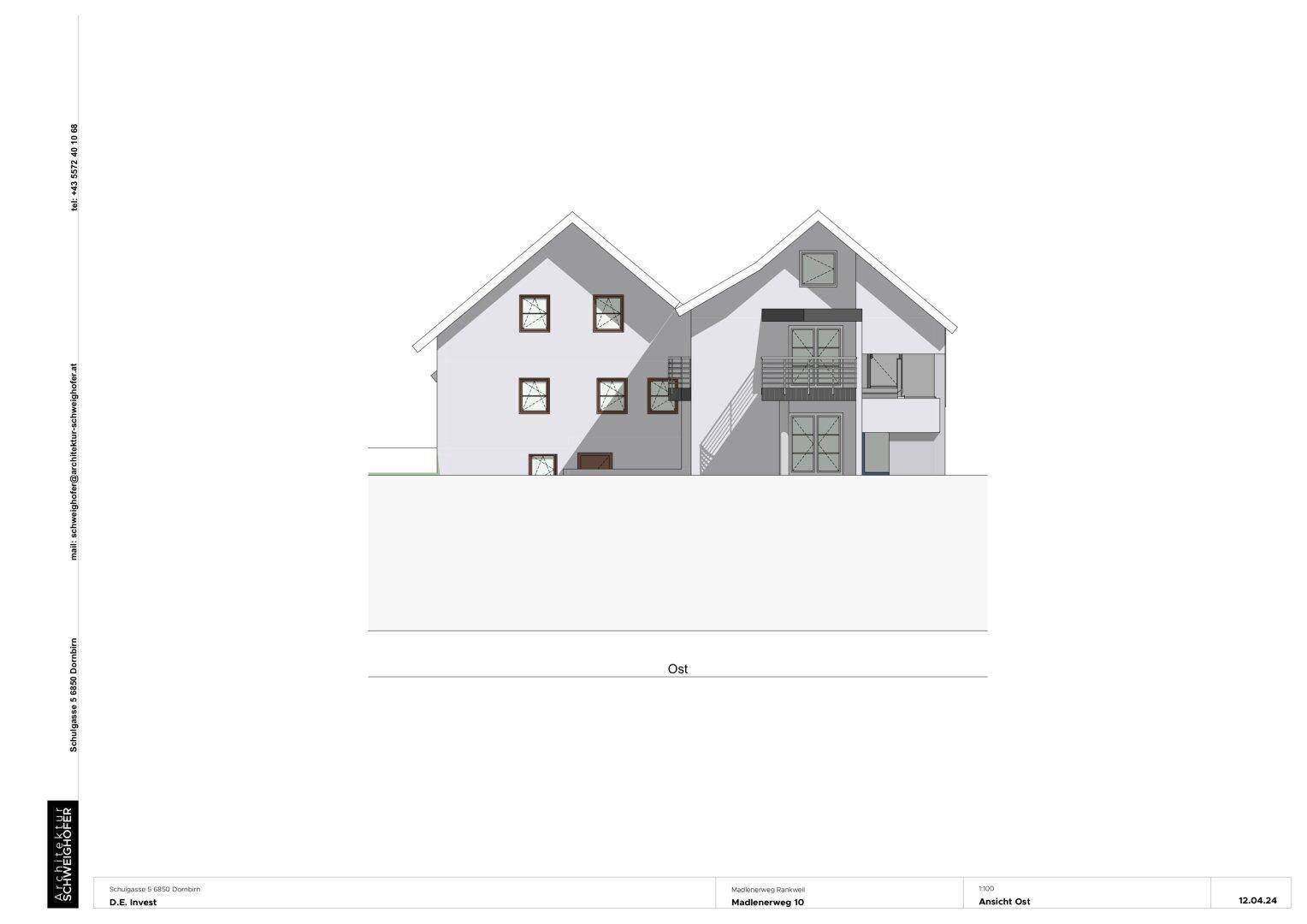 Architektonische Zeichnung der Ostfassade des Gebäudes mit Giebeldächern und Balkonen.