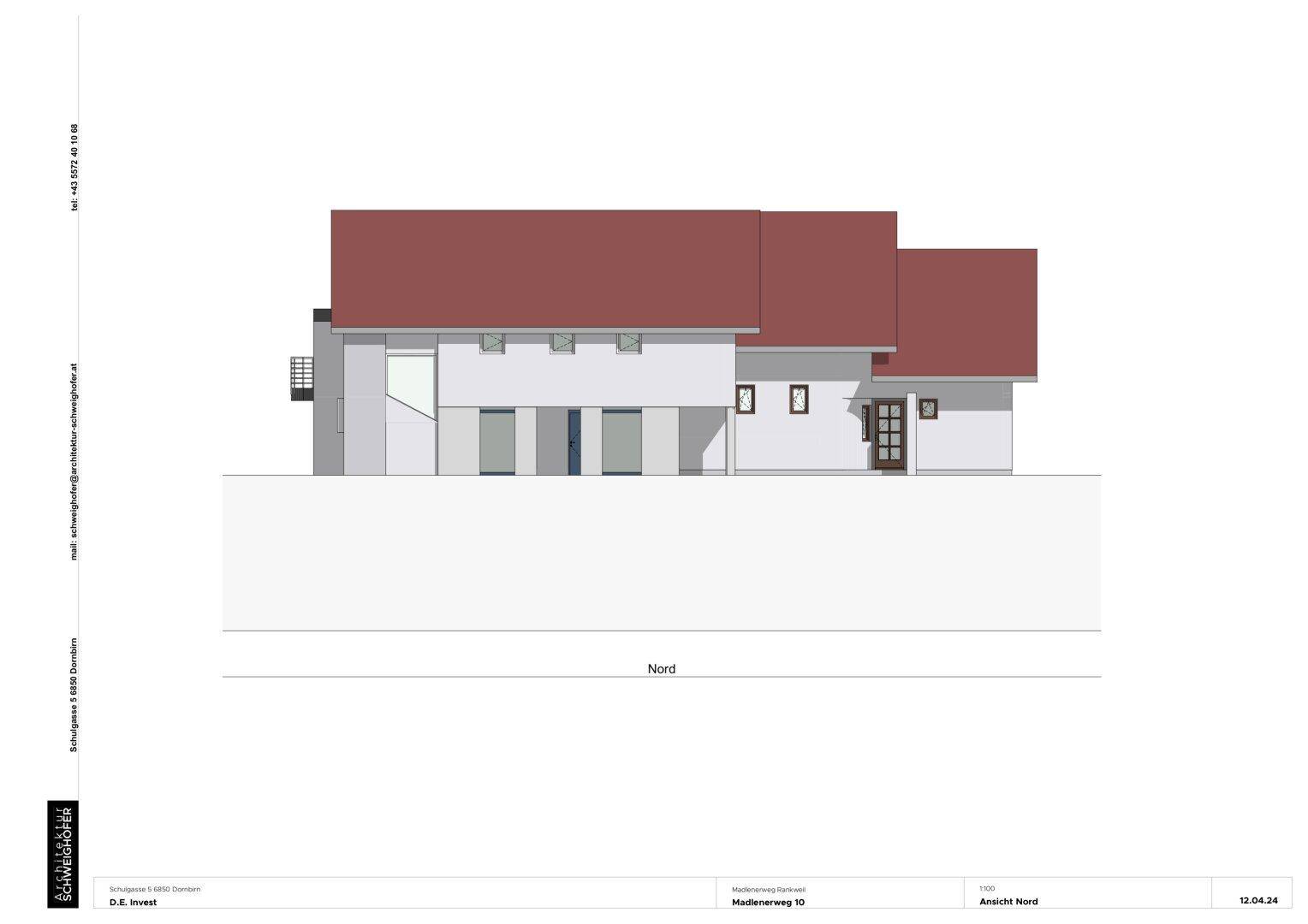 Architektonische Nordansicht des Hauses mit klaren Linien und Dachform.