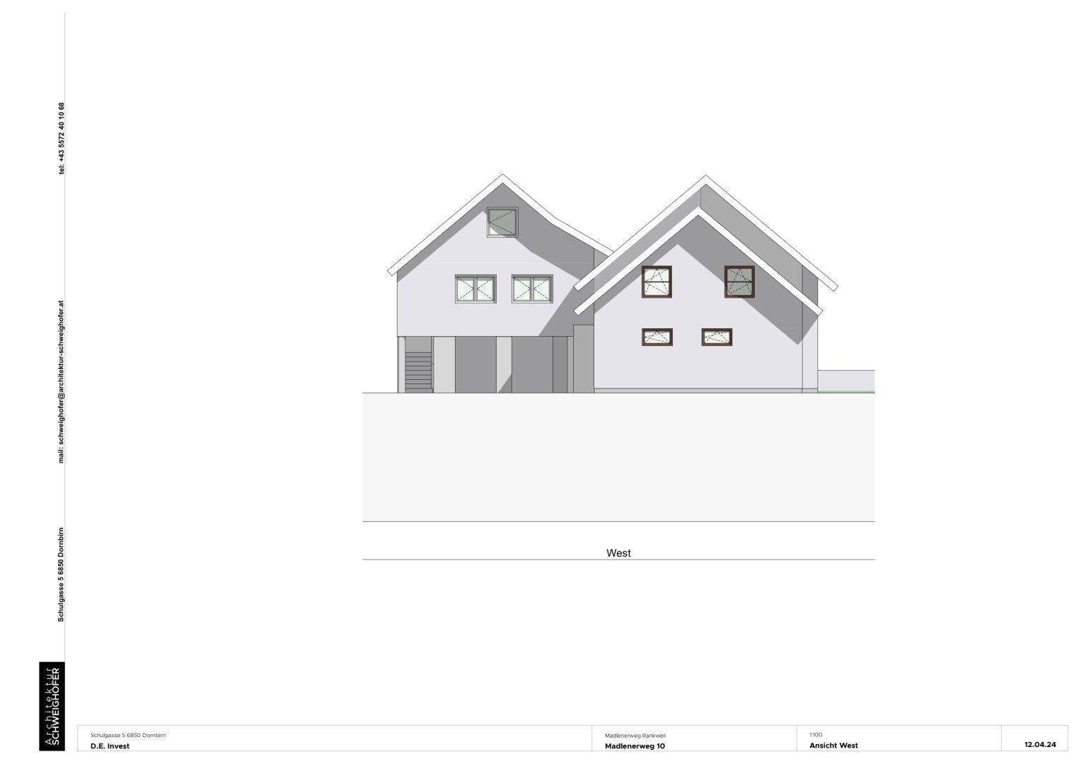 Architektonische Zeichnung der Westfassade des Gebäudes mit Giebeldächern und Fenstern.