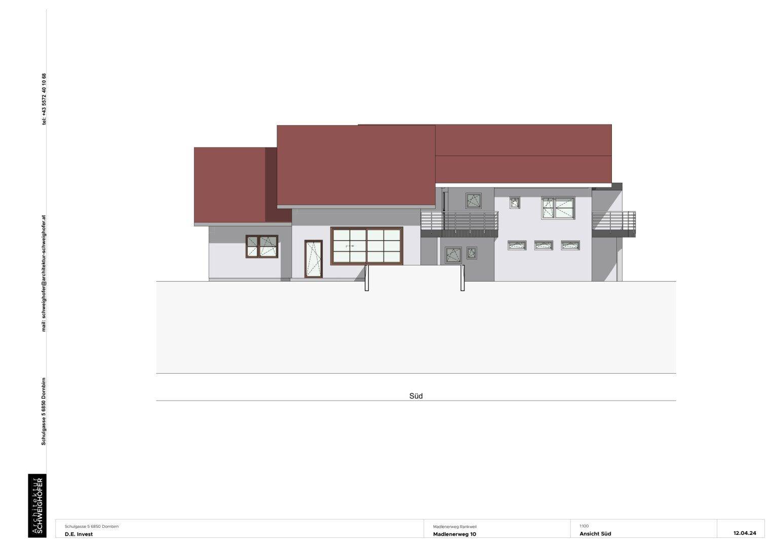 Architektonische Zeichnung der Südfassade des Gebäudes mit Fenstern und Balkonen.