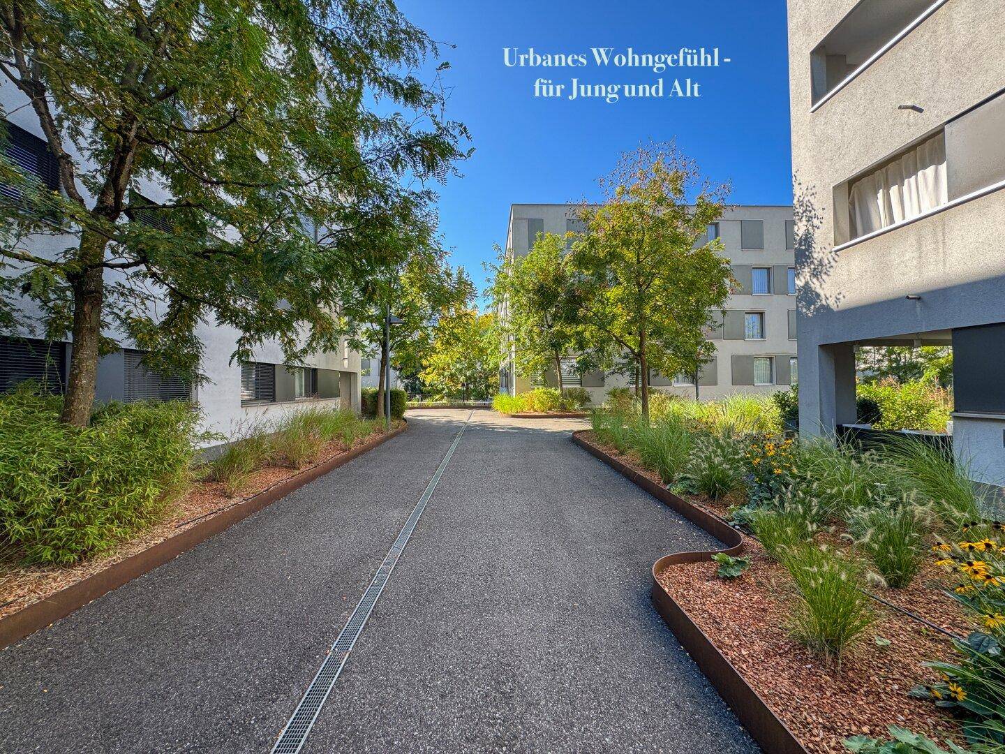 Urbane Wohnanlage mit begrünten Wegen und modernen Gebäuden unter blauem Himmel.
