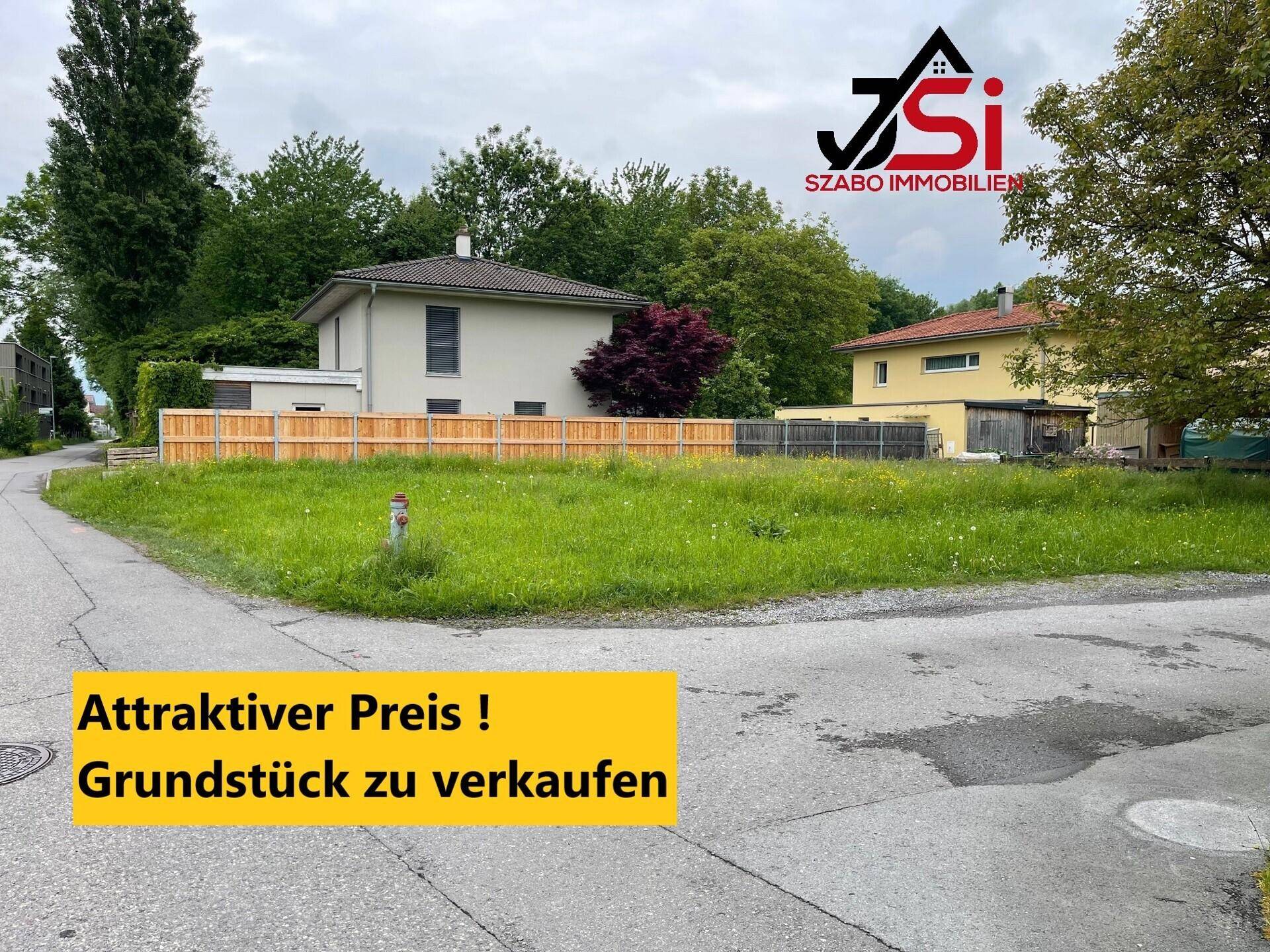 Grünes Baugrundstück in ländlicher Umgebung mit angrenzenden Wohnhäusern und Bäumen.