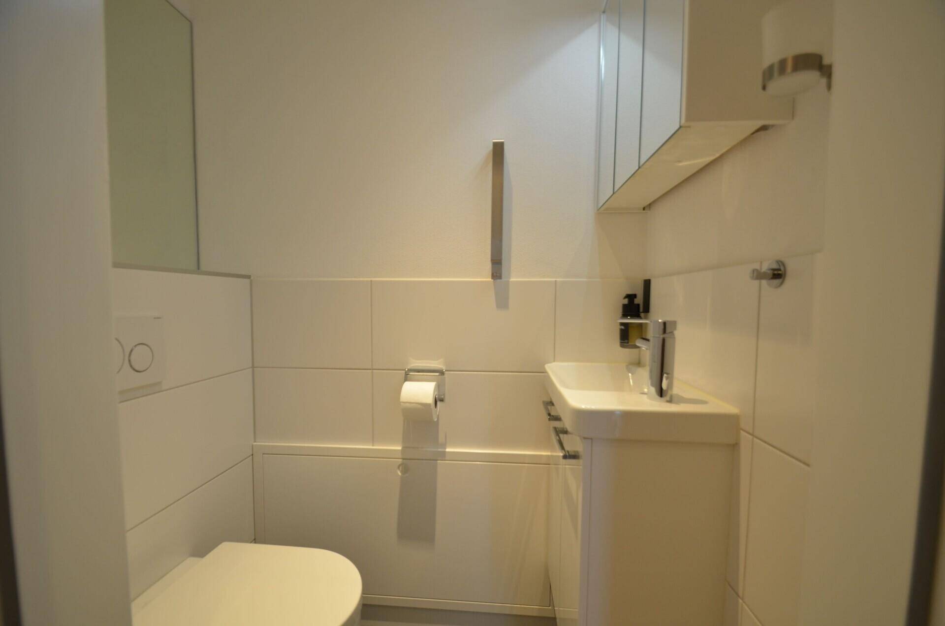 Kleines Gäste-WC mit weißen Fliesen, wandhängender Toilette und kompaktem Waschbecken.