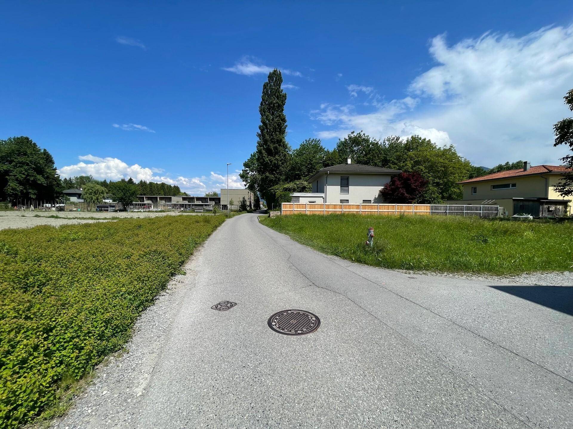 Landstraße führt zu einem Grundstück mit Bäumen und Häusern im Hintergrund.
