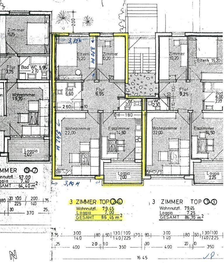 Grundrissplan einer Wohnung mit Wohnzimmer, Esszimmer, Schlafzimmern und Loggia.
