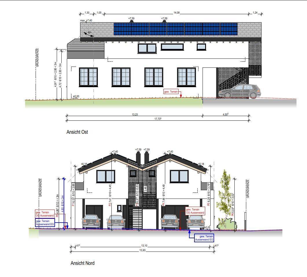 Architektonische Ansichten des Gebäudes mit Solaranlage und Garagen.