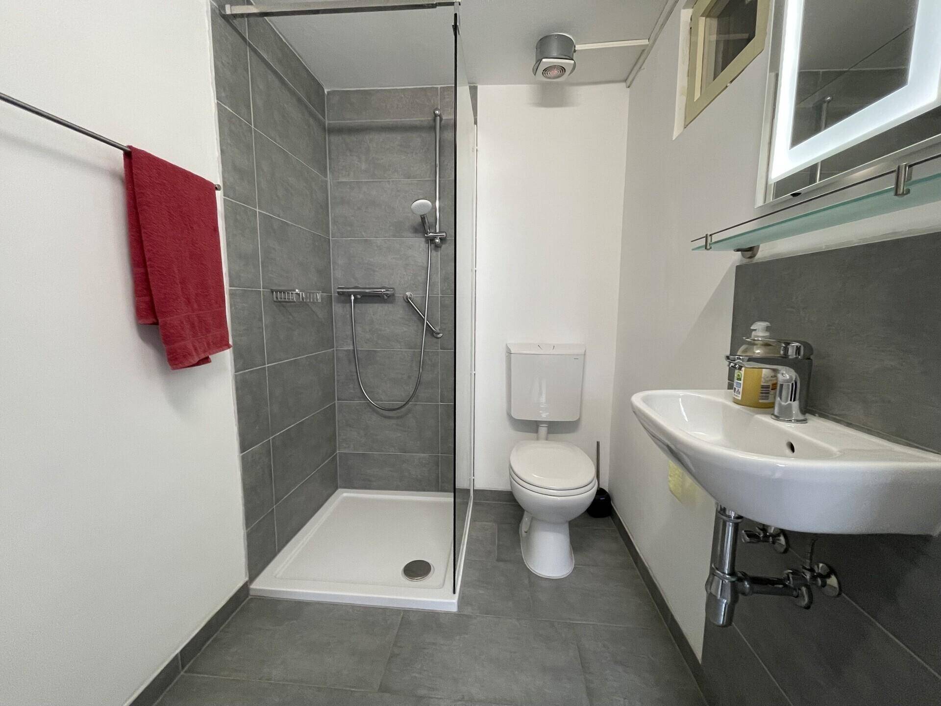 Modernes Badezimmer mit grauen Fliesen, ebenerdiger Dusche, weißem Waschbecken und kleinem Fenster.