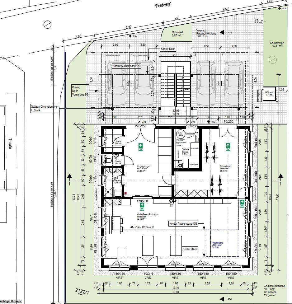 Grundriss des Erdgeschosses mit Parkplätzen und Fahrradraum.
