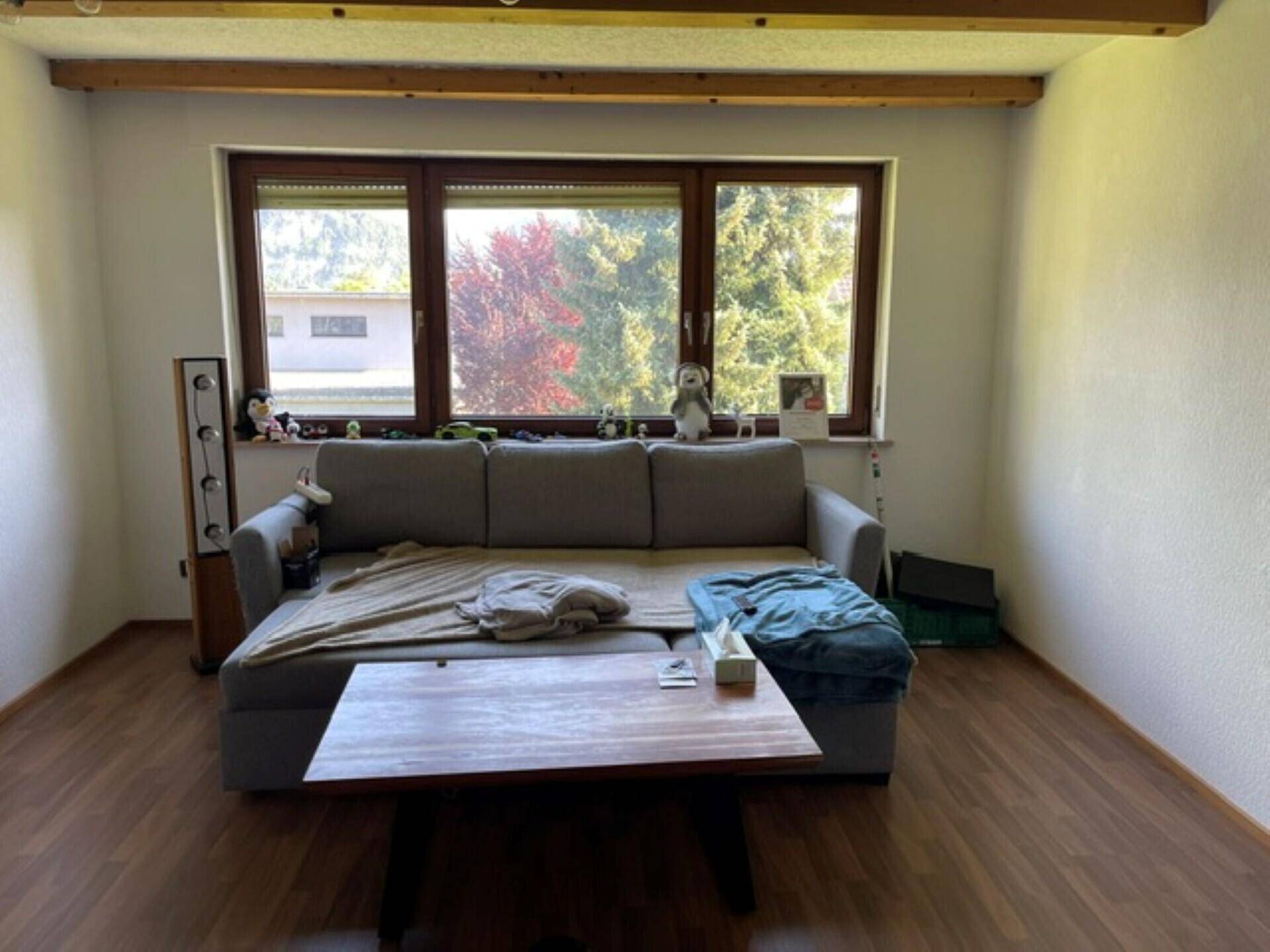Helles Wohnzimmer mit Sofa, Holzbalken und Blick ins Grüne durch das große Fenster.