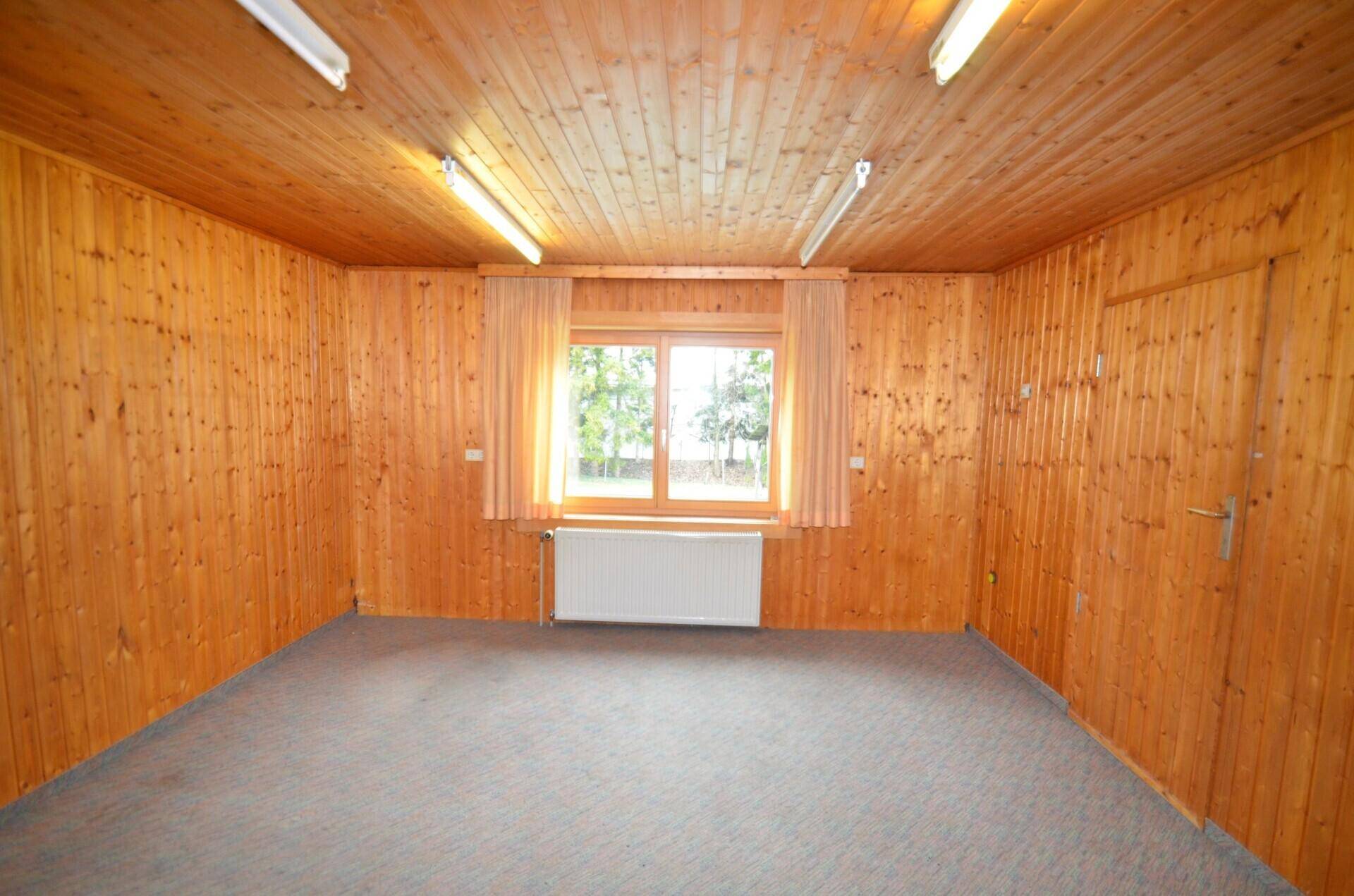 Heller Raum mit Holzvertäfelung, Teppichboden und einem großen Fenster, das viel natürliches Licht hereinlässt.