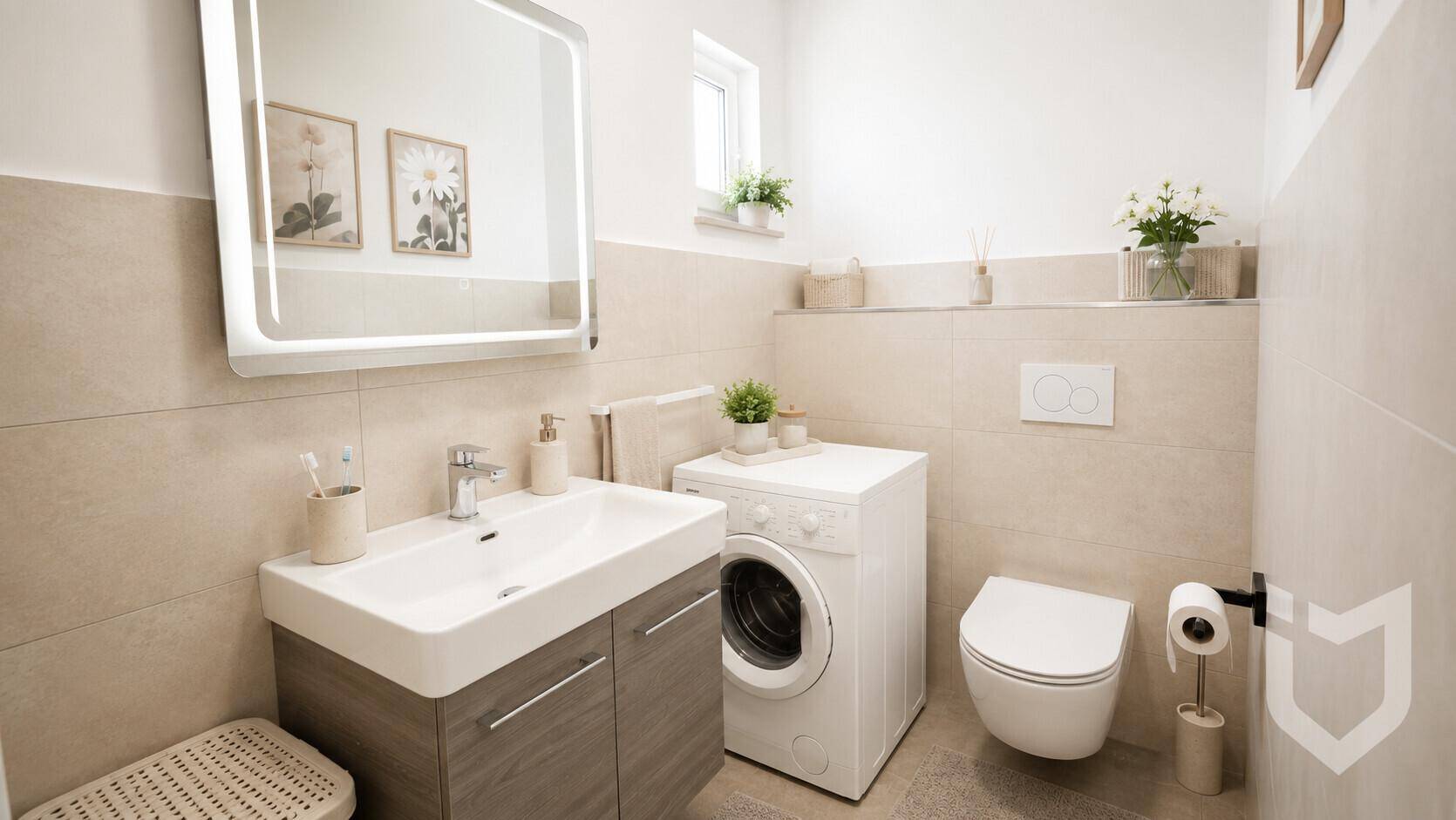 Modernes Badezimmer mit Waschbecken, Toilette, Waschmaschine und einem Fenster für Tageslicht.