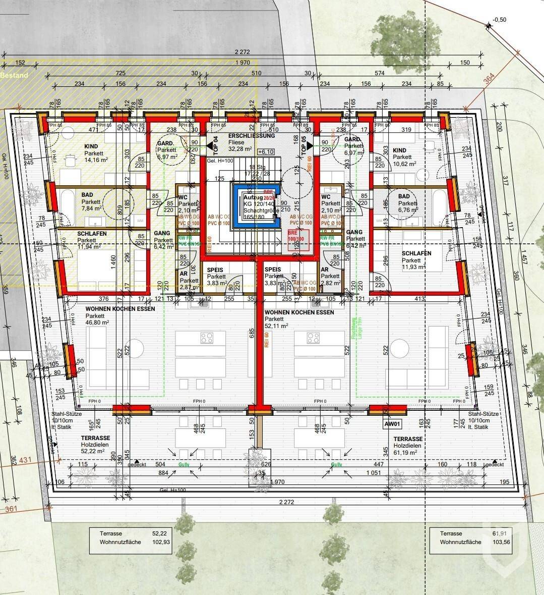 Übersichtlicher Grundriss einer weiteren Etage mit Wohnungen, Schlafzimmern und Terrassen.