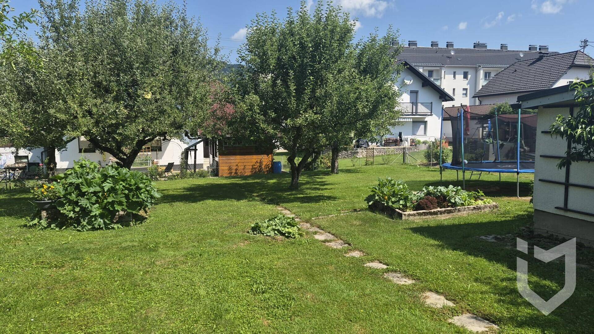 Großer Garten mit Rasenfläche, Obstbäumen, Hochbeet und einem Trampolin.