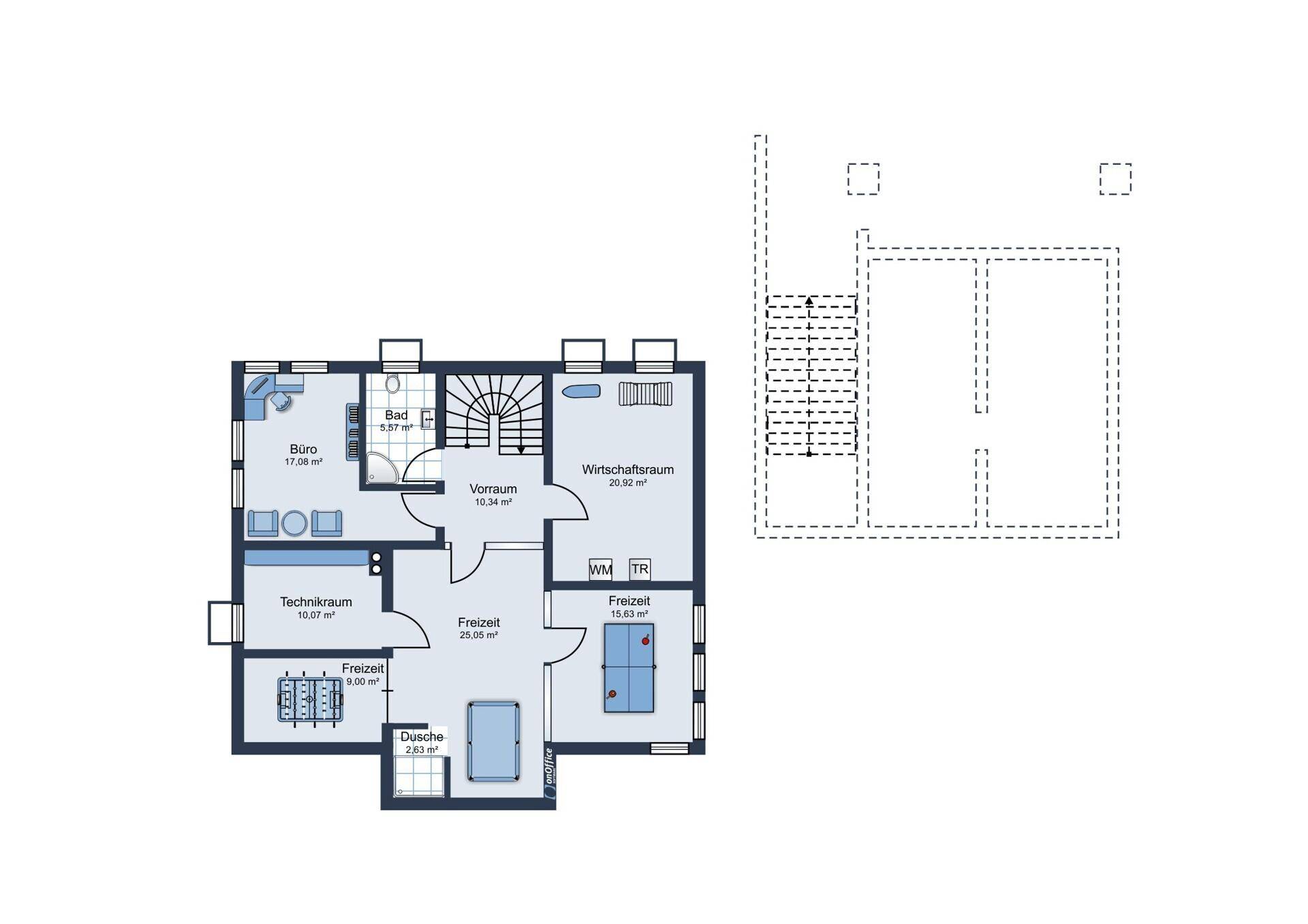 Grundriss des Untergeschosses mit Büro, Bad, Wirtschaftsraum und Freizeitbereichen.