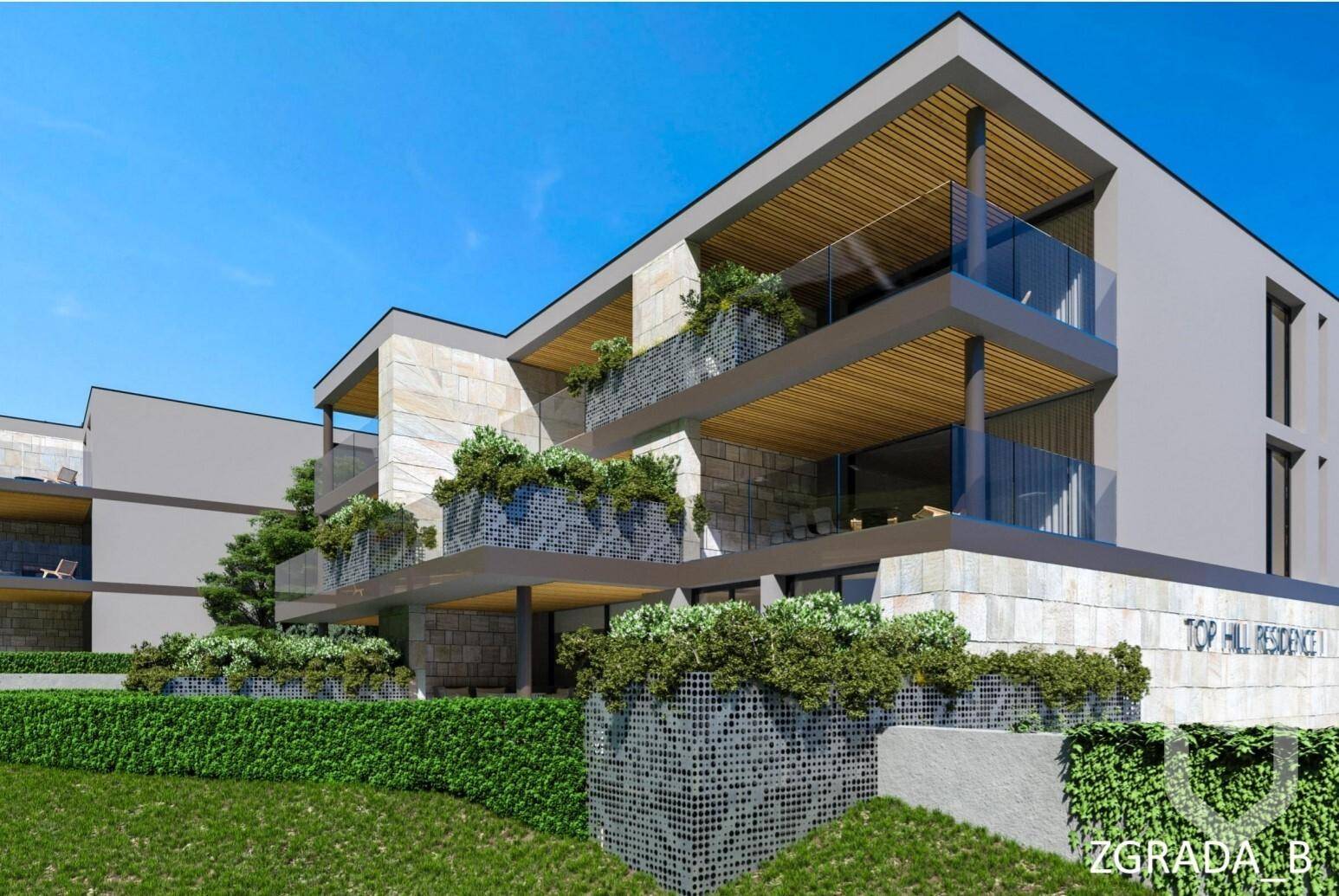 Detailansicht der modernen Fassade mit Natursteinverkleidung und begrünten Balkonen.