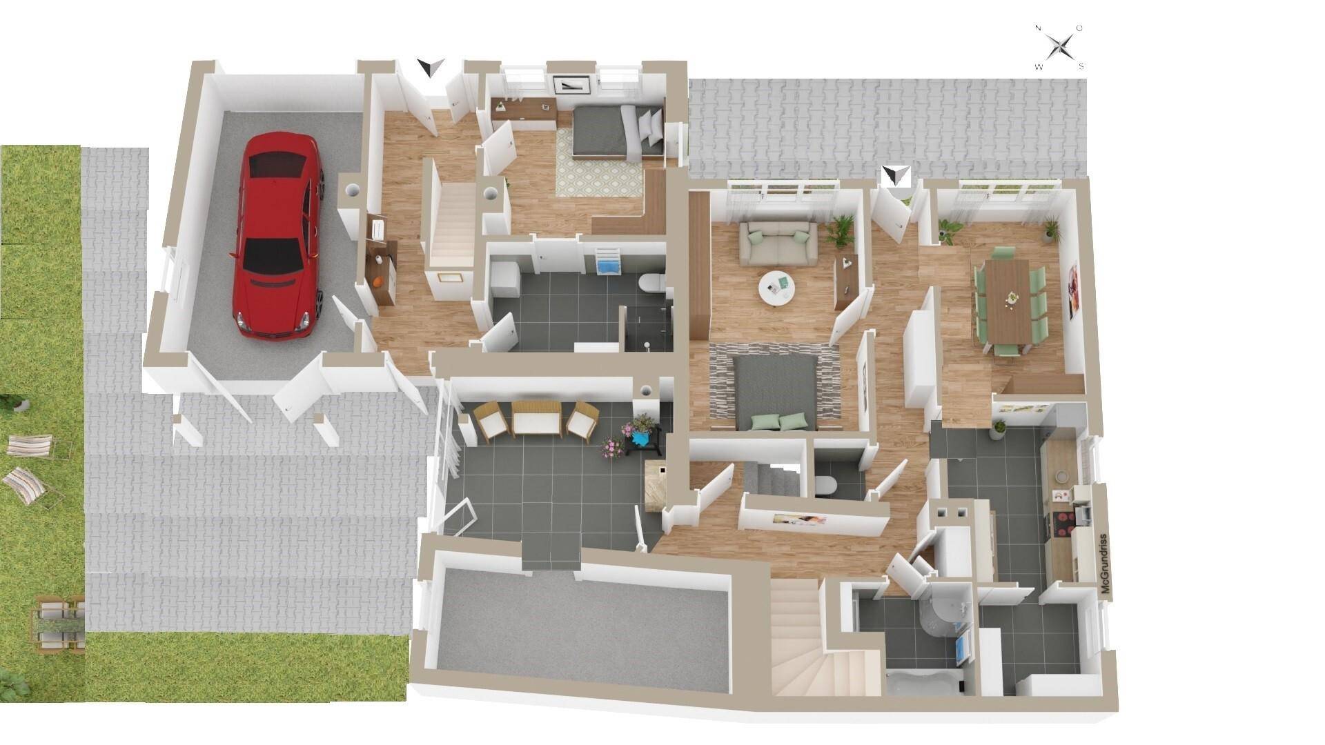 Detaillierter Grundriss des Erdgeschosses mit Garage, Wohnbereich und Garten.
