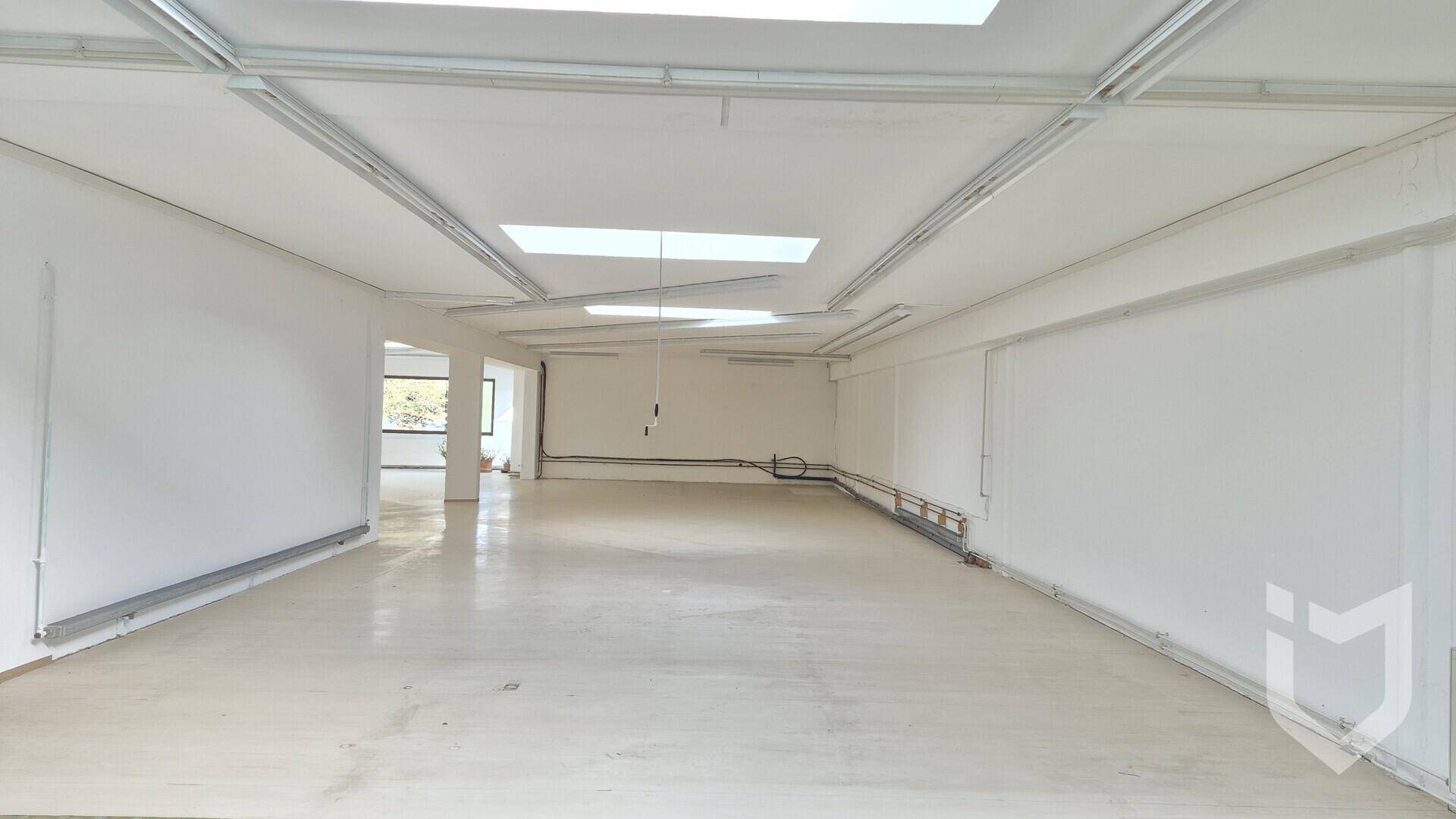 Weitläufiger Gewerberaum mit mehreren Oberlichtern und Leuchtstoffröhren an der Decke.