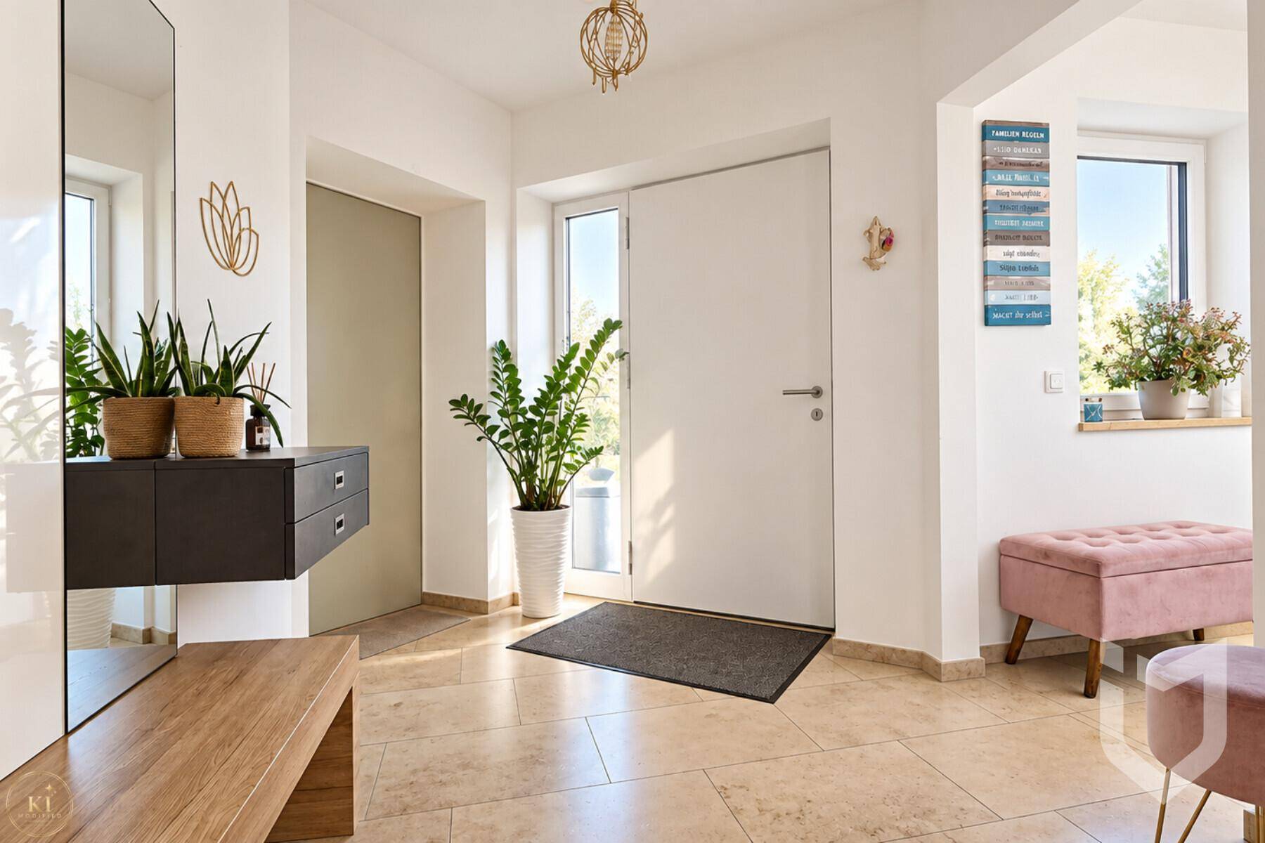 Heller Eingangsbereich mit Fliesenboden, Garderobe und dekorativen Pflanzen.