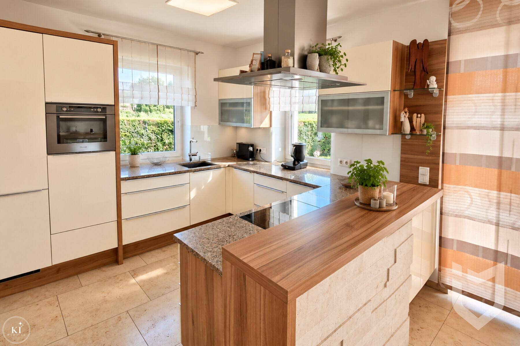 Moderne Küche mit hellen Fronten, Holztheke, Granitarbeitsplatten und integrierten Geräten.