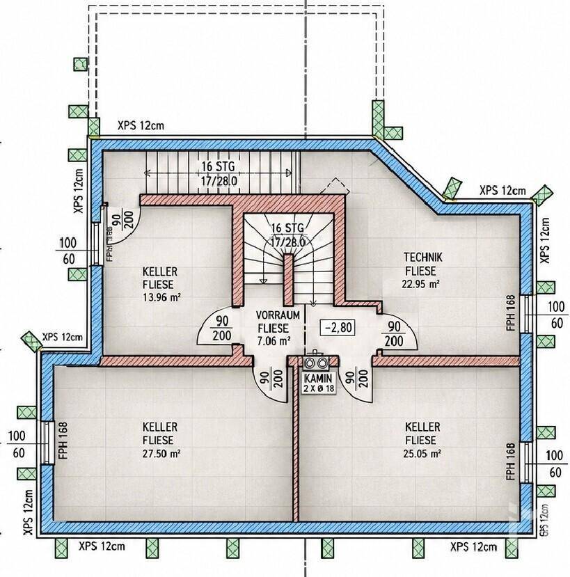 Grundriss des Kellergeschosses mit Technikraum, Vorratsraum und weiteren Kellerräumen.