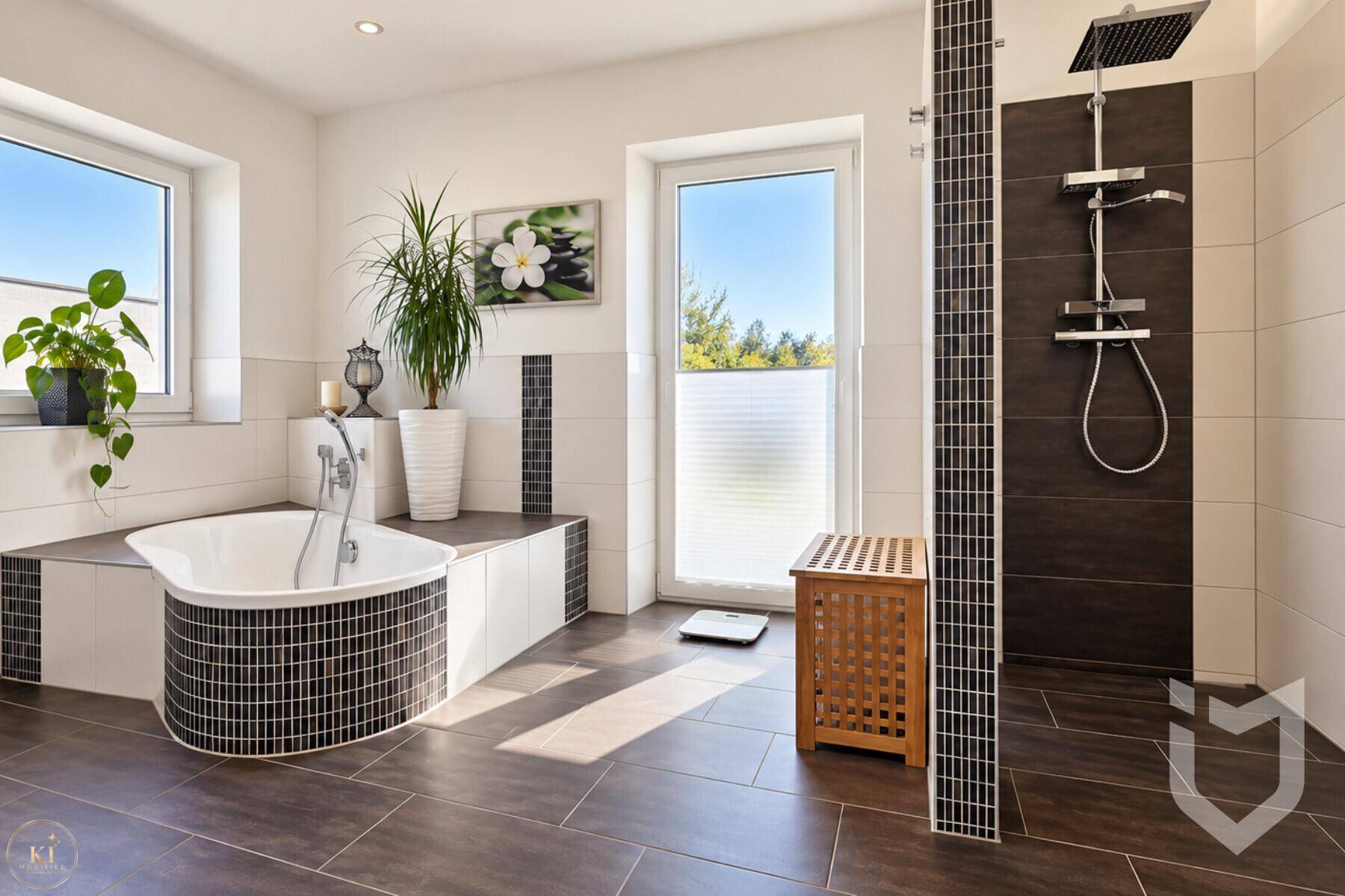 Modernes Badezimmer mit eingebauter Badewanne, ebenerdiger Dusche und Fenster.