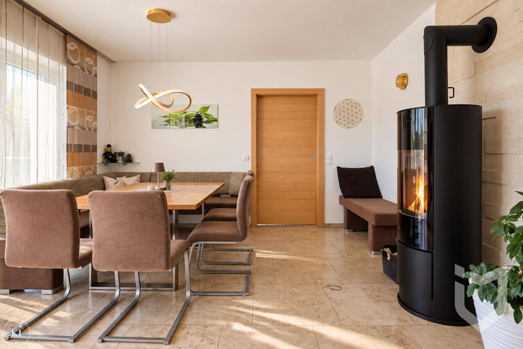 Gemütlicher Essbereich mit Holztisch, Eckbank und modernem Holzofen für behagliche Wärme.
