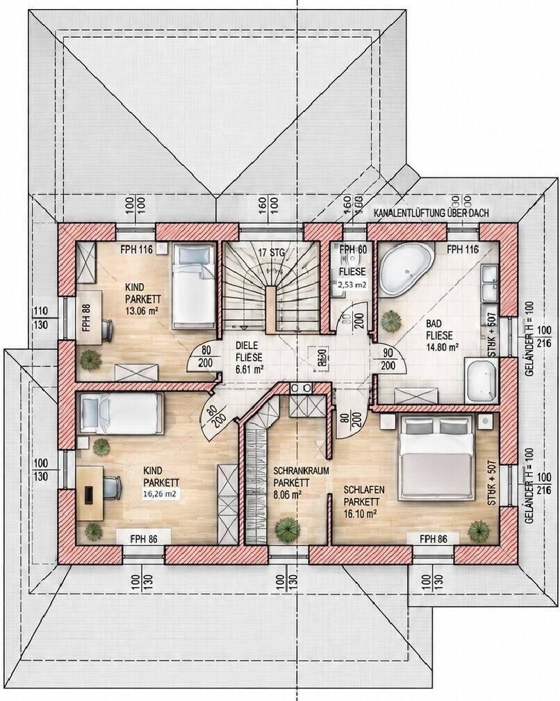 Grundriss des Obergeschosses mit drei Schlafzimmern und einem Badezimmer.