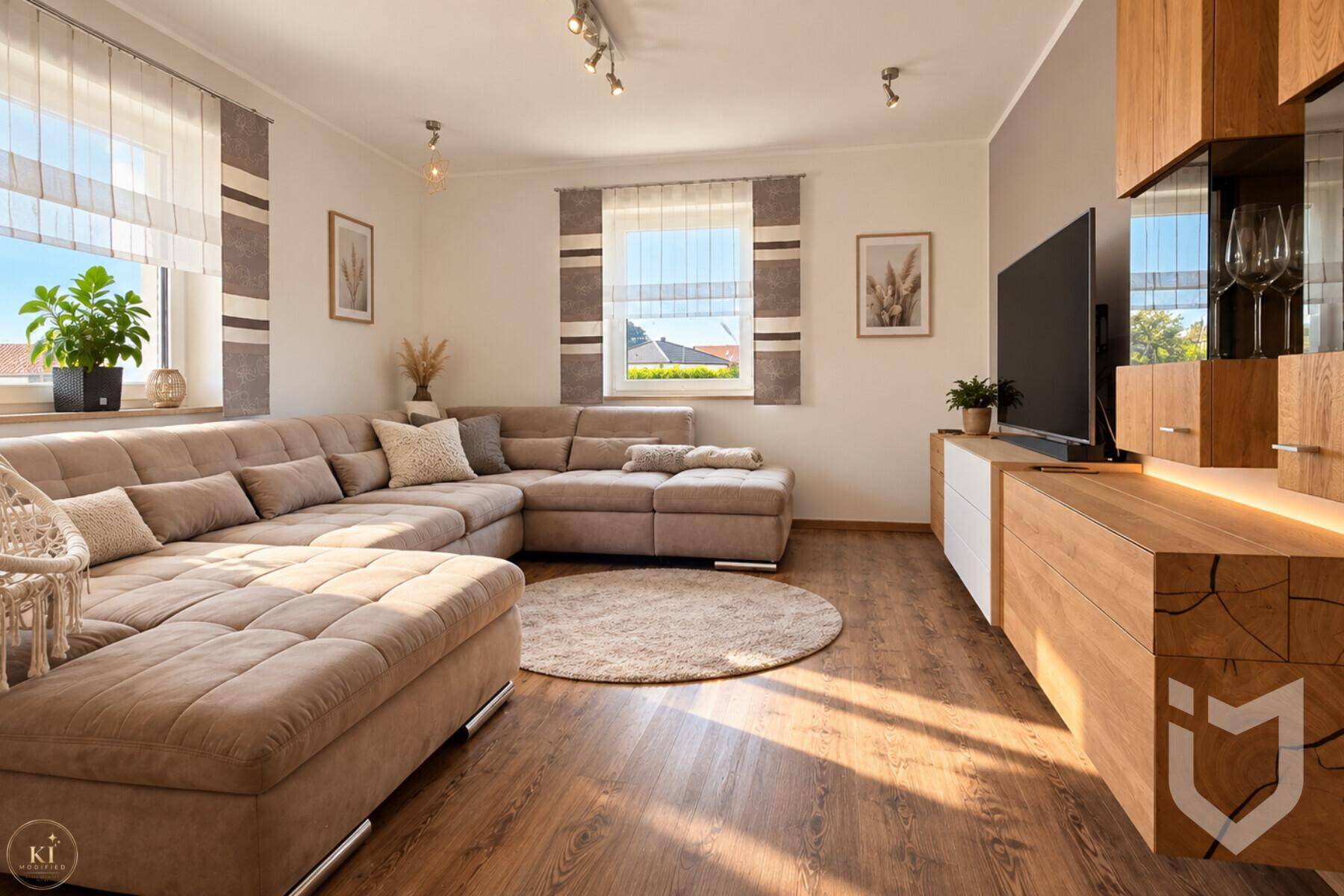 Helles Wohnzimmer mit großem Ecksofa, Holzboden und moderner Medienwand.