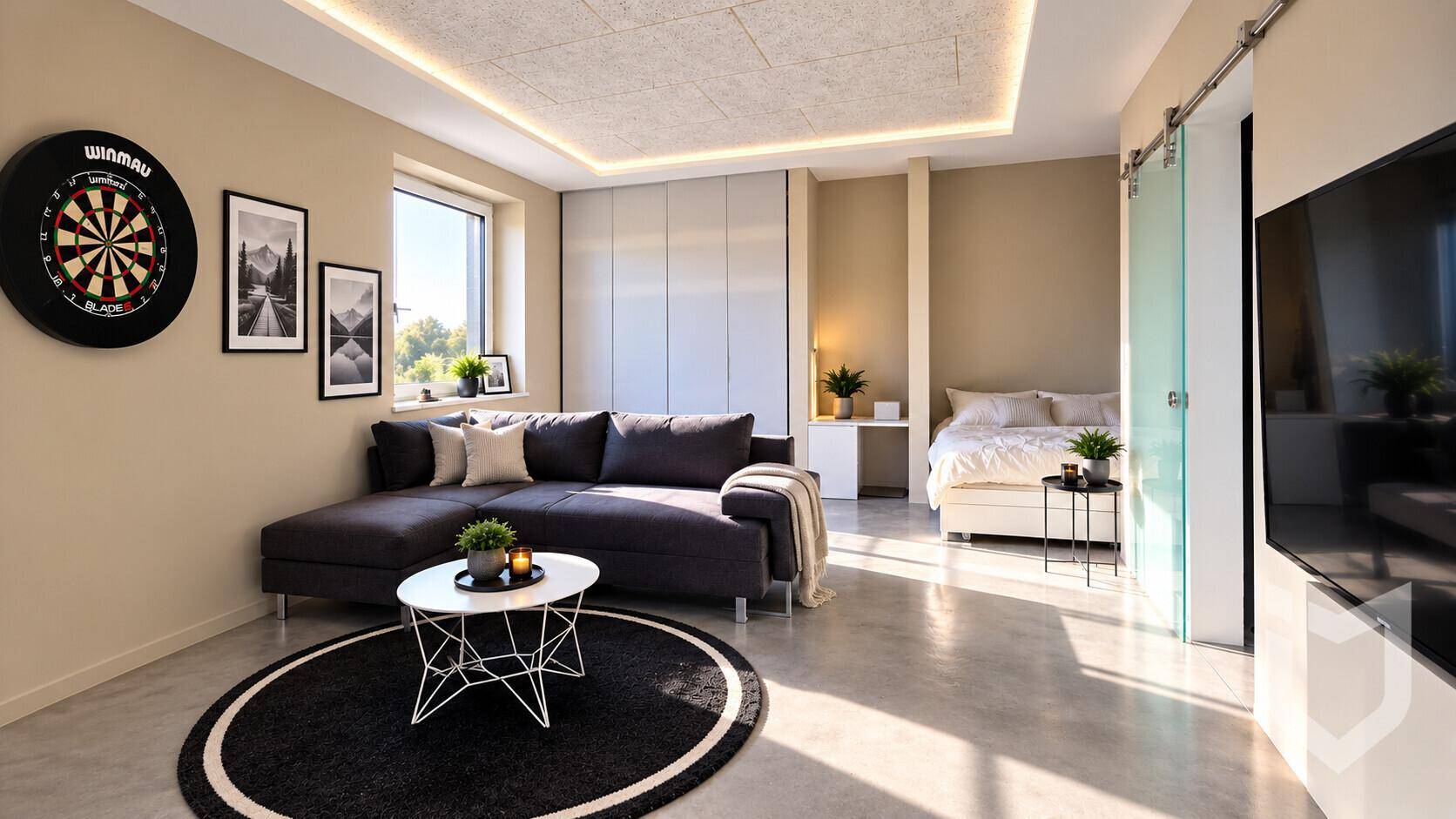Geräumiges Schlafzimmer mit Sofa, Schiebetür und Blick auf die Umgebung.