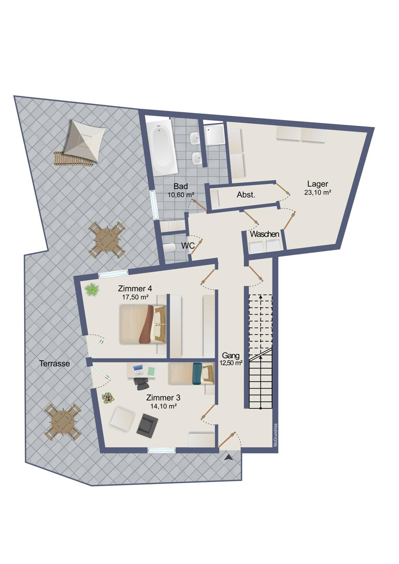 Grundriss mit großer Terrasse, zwei Schlafzimmern, Bad, WC und Abstellraum.