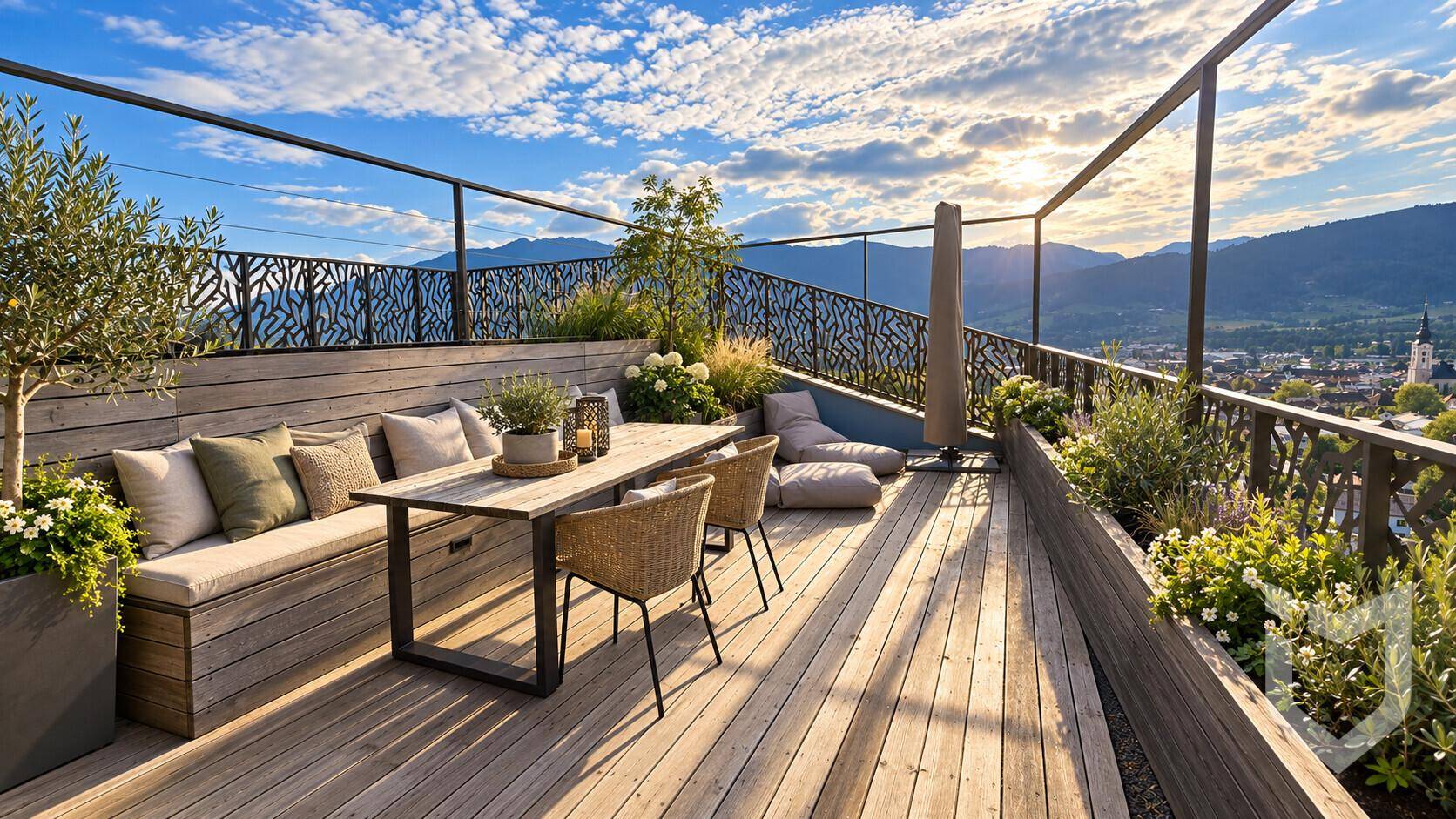 Sonnige Dachterrasse mit Esstisch, Lounge-Bereich und Pflanzen, ideal für Entspannung.