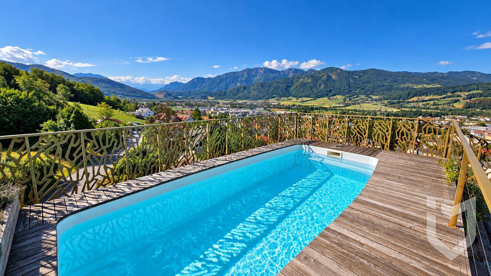 Dachpool mit Holzdeck und atemberaubendem Panoramablick auf die Berge und das Tal.