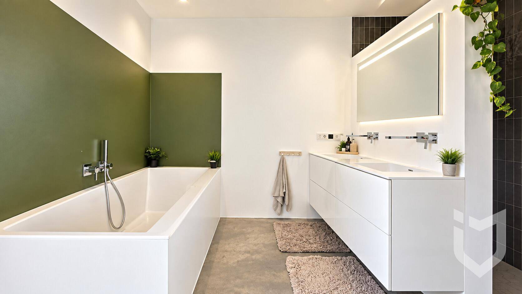 Modernes Badezimmer mit Badewanne, Doppelwaschbecken und beleuchtetem Spiegelschrank.