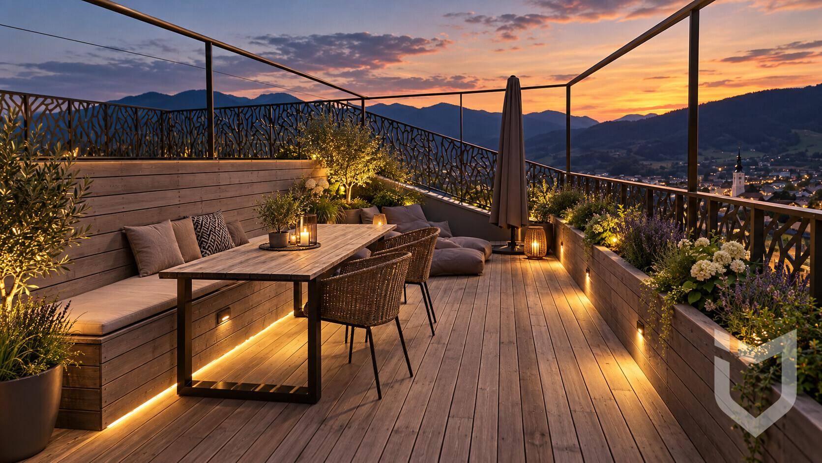 Beleuchtete Dachterrasse bei Sonnenuntergang mit gemütlichem Essbereich und Bergblick.