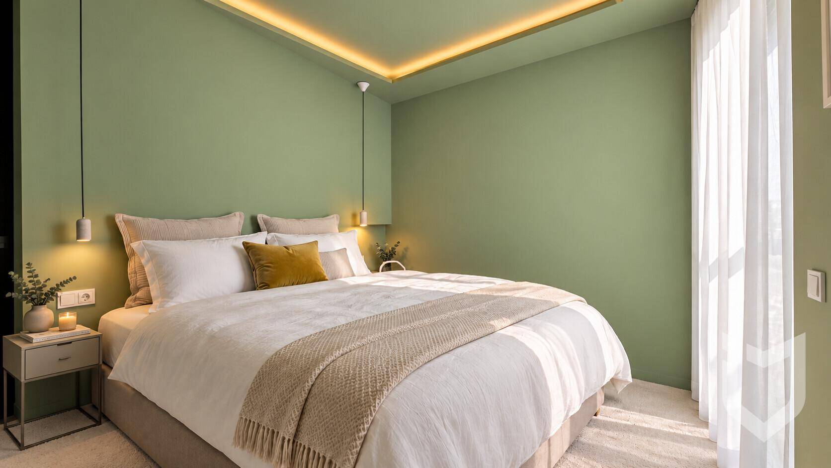 Modernes Schlafzimmer mit grünen Wänden, indirekter Beleuchtung und großem Bett.