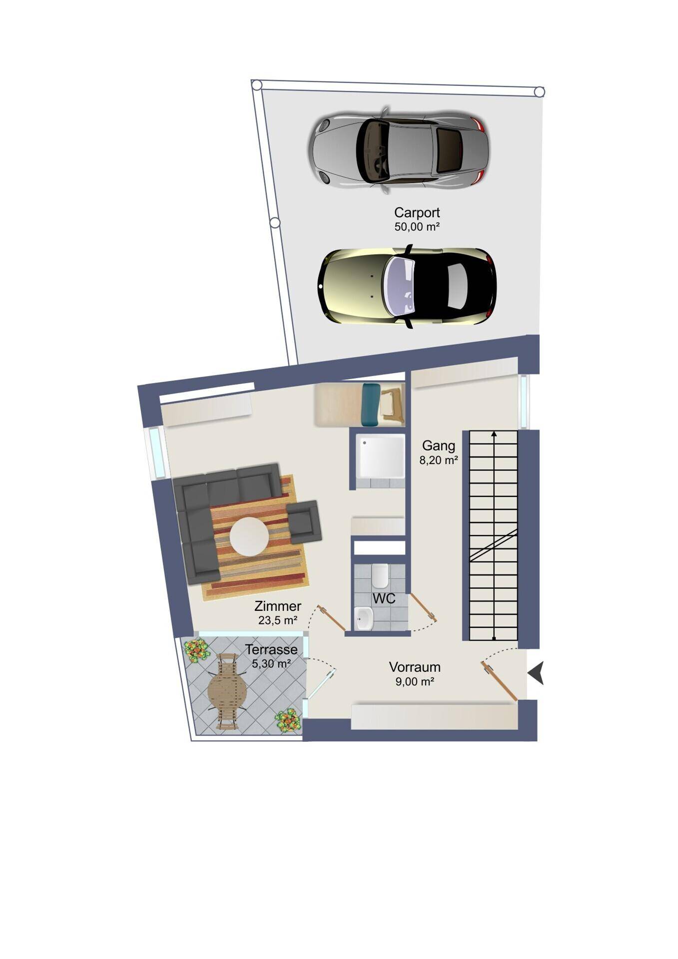 Grundriss mit Carport, Wohnzimmer, WC und kleiner Terrasse im Erdgeschoss.
