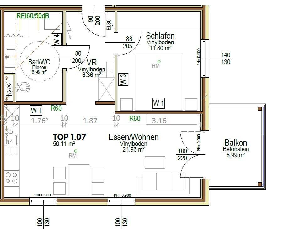 Detaillierter Grundriss einer Wohnung mit Schlafzimmer, Wohn-Essbereich und Balkon.