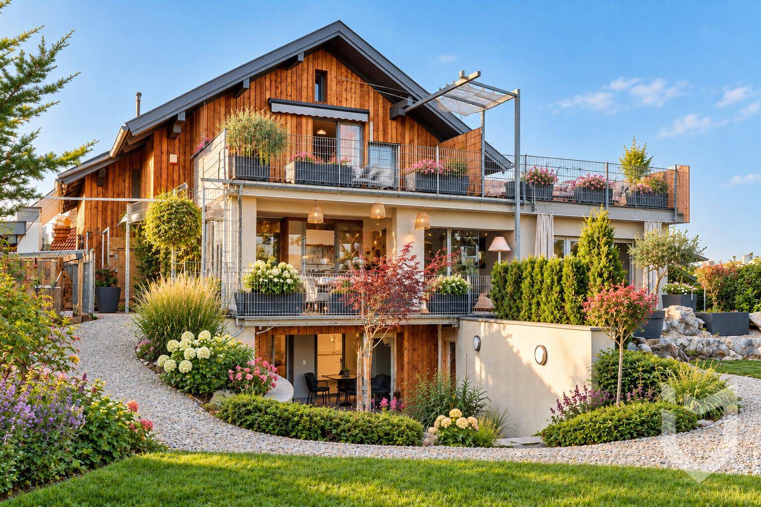 Charmantes Holzhaus mit mehreren Balkonen und einem gepflegten Gartenbereich.