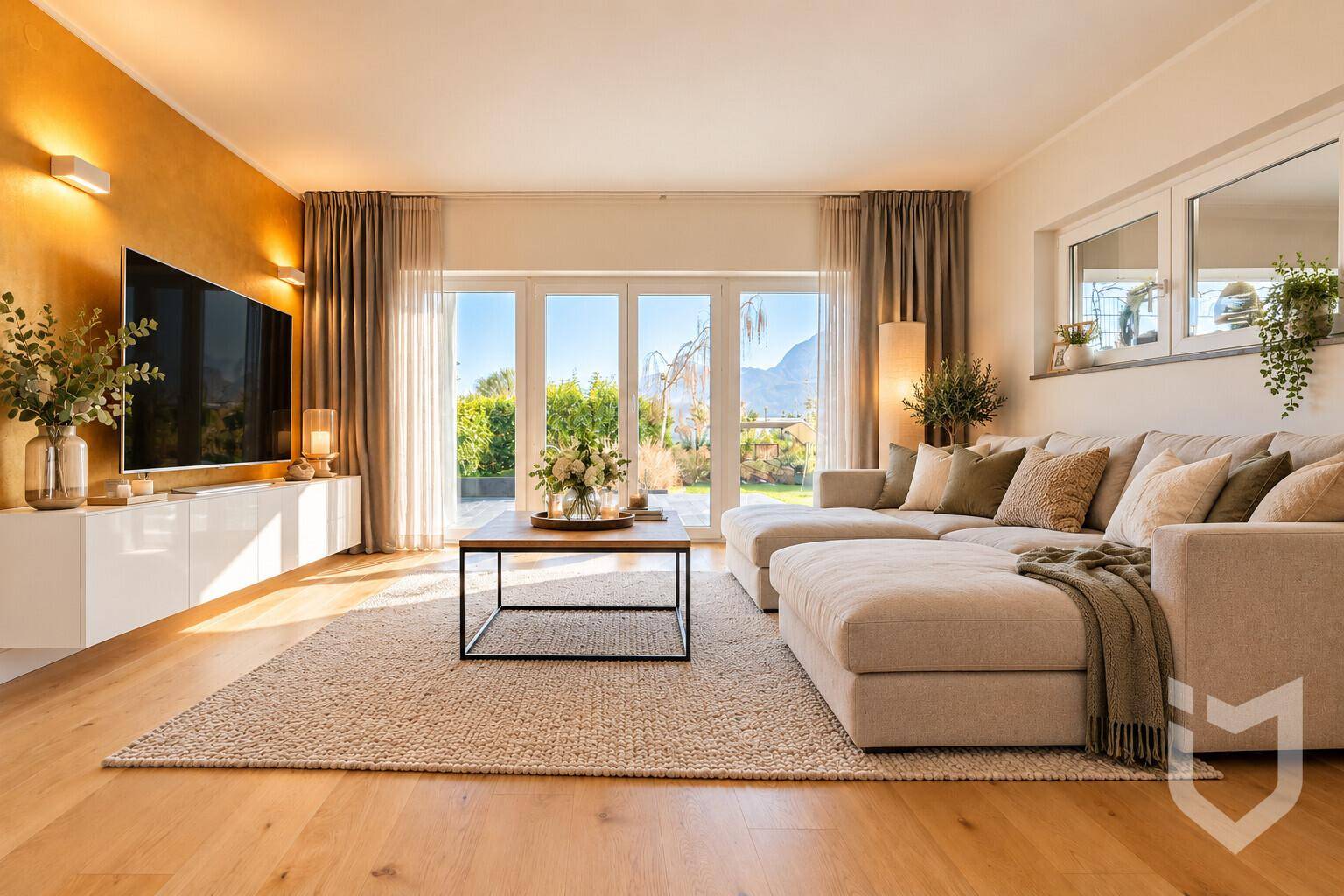 Modernes Wohnzimmer mit großem Sofa, Fernseher und direktem Zugang zum Garten.