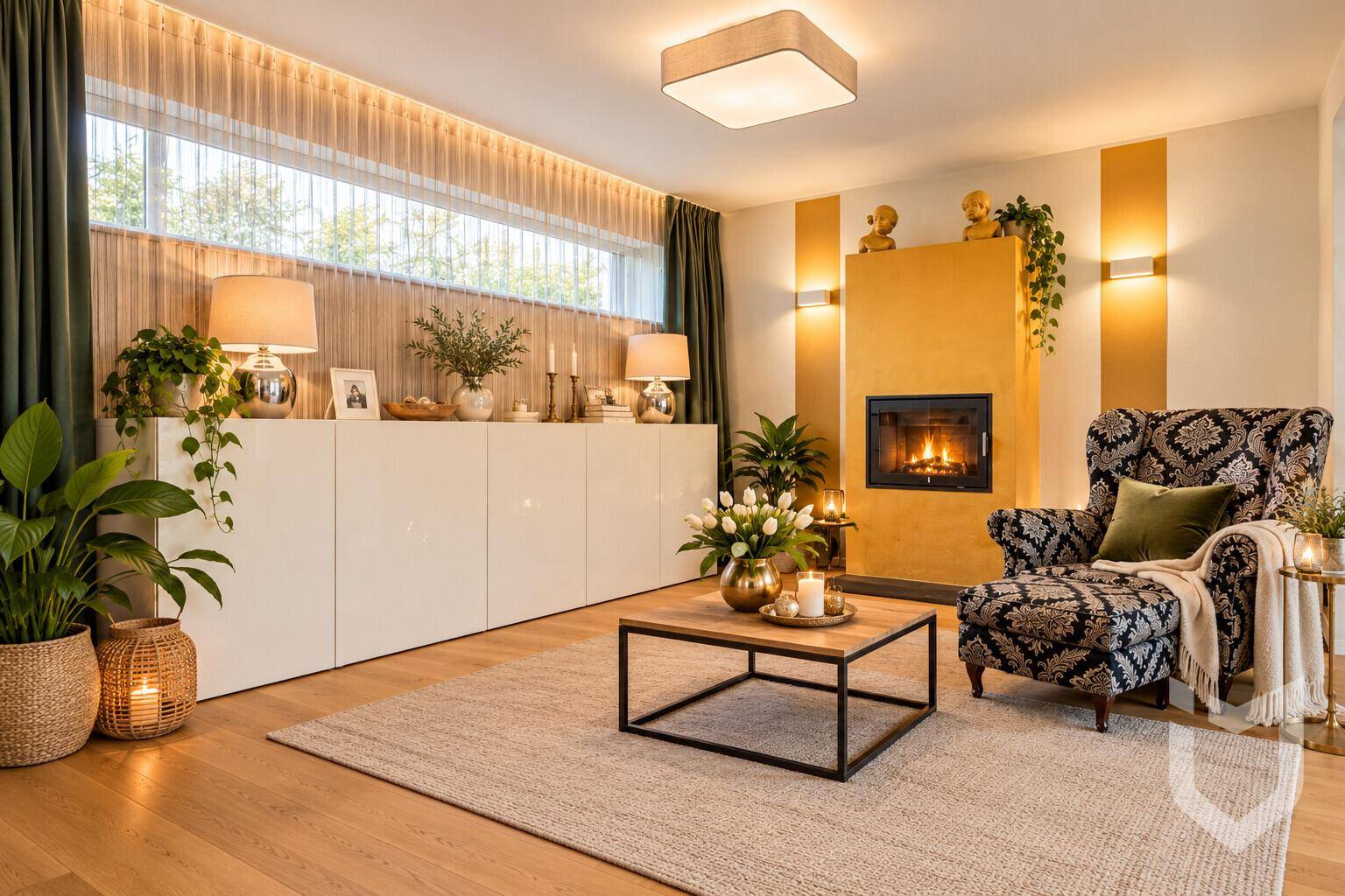 Stilvolles Wohnzimmer mit Kamin, großen Fenstern und gemütlicher Beleuchtung.