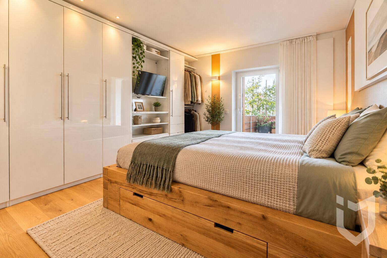 Gemütliches Schlafzimmer mit Holzbett, Einbauschränken und Zugang zum Balkon.