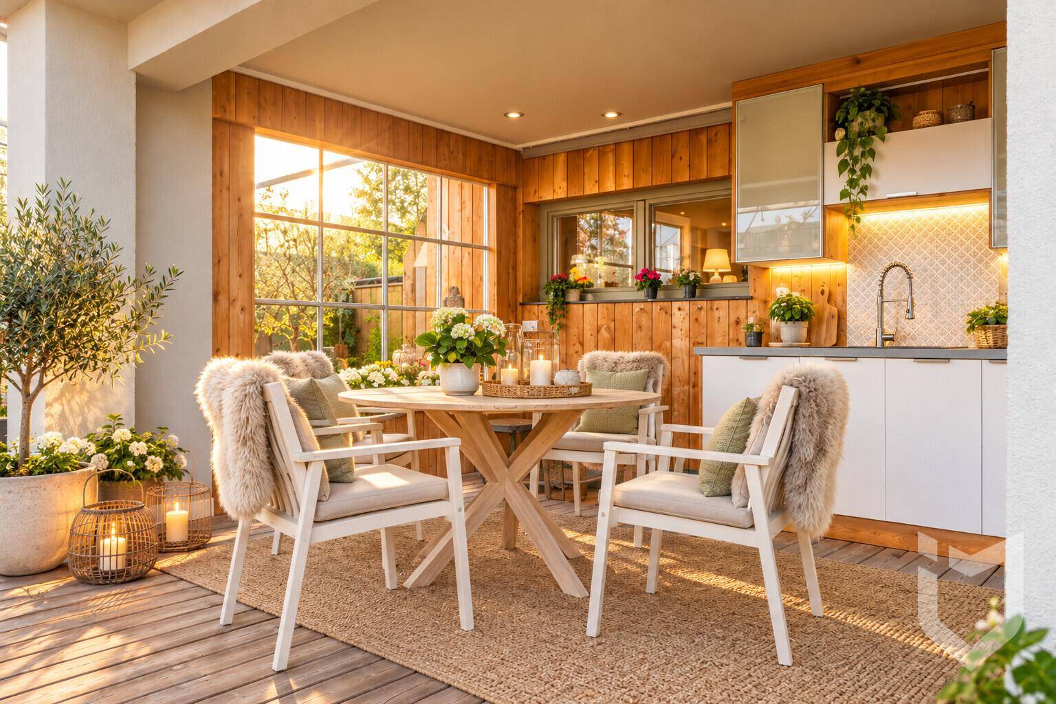 Stilvolle überdachte Terrasse mit Esstisch und Holzwänden, ideal für Mahlzeiten im Freien.