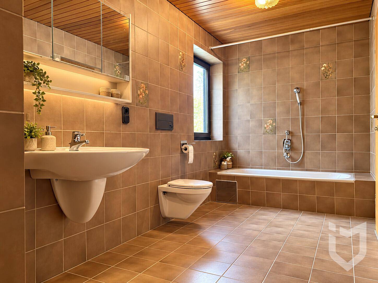 Badezimmer mit braunen Fliesen, Holzdecke, Badewanne und Fenster für Tageslicht.