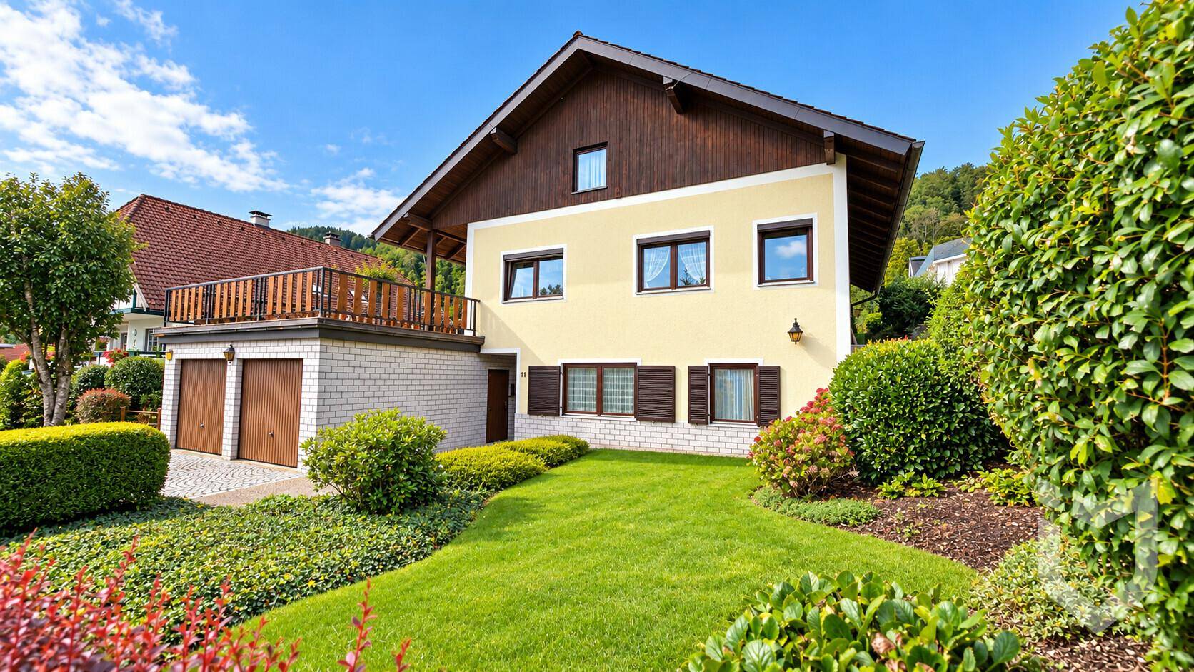 Vorderansicht des Hauses mit gepflegtem Rasen, Sträuchern und einer Terrasse über der Garage.