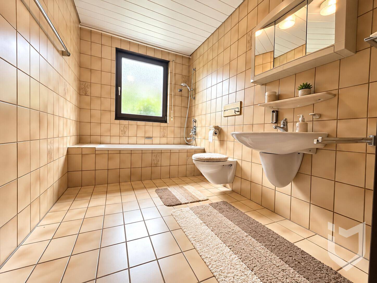 Helles Badezimmer mit beigen Fliesen, Fenster, Badewanne und wandhängendem WC.